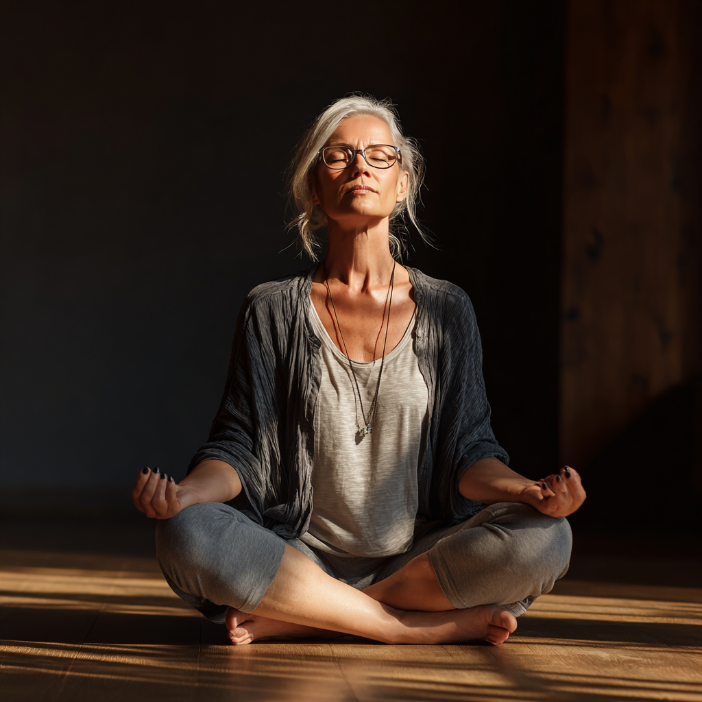 Middle-aged woman in meditation pose at serene yoga studio